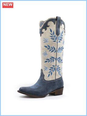 Women's Knee High Cowboy Boots Leaf Embroidered Chunky Heel Western Riding